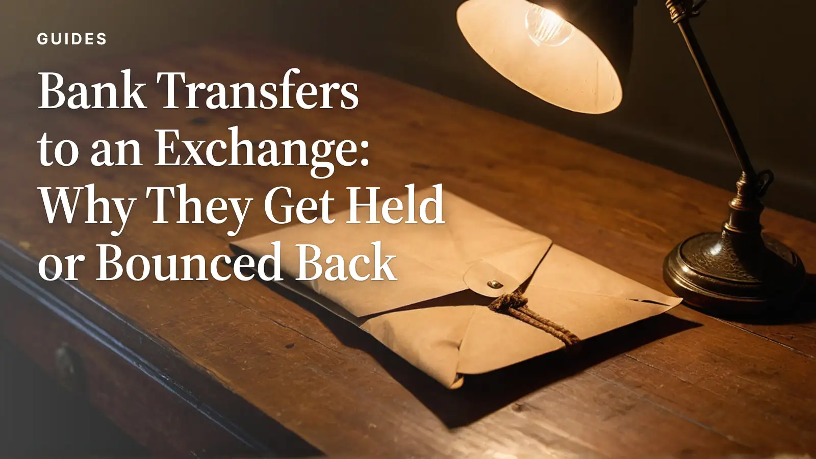 A sealed kraft-paper envelope tied with string lying on a polished wooden desk under a brass desk lamp.