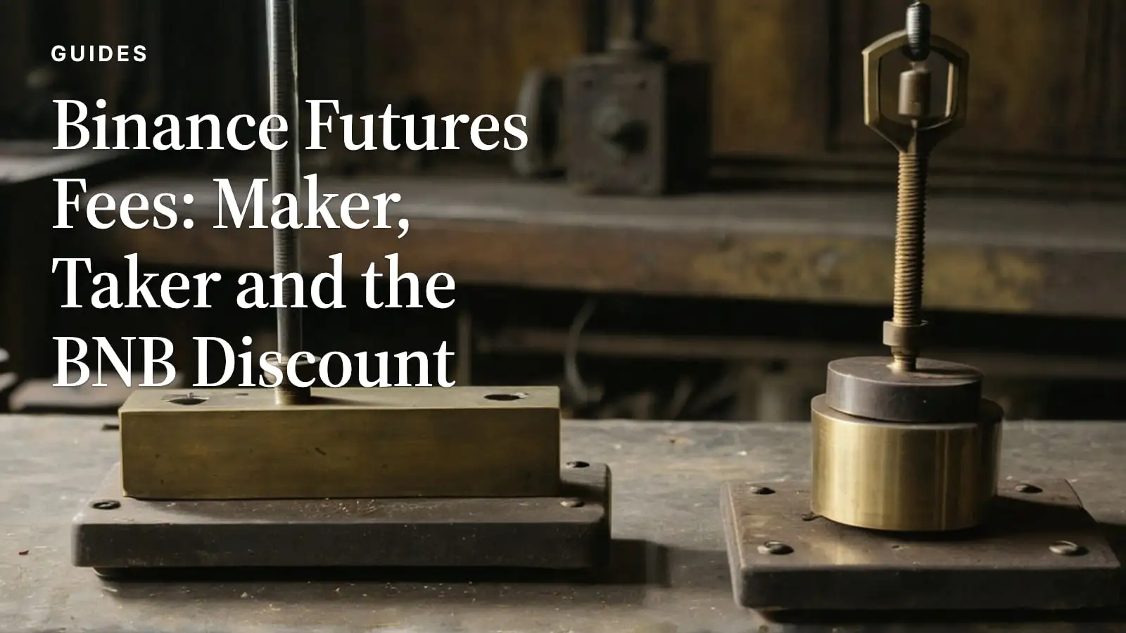Two brass weights on threaded stems bolted to a scarred steel workbench, lit warmly from the right in a dim workshop.