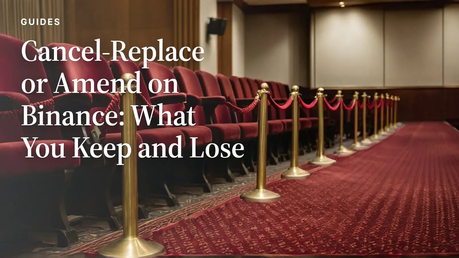 Brass stanchions joined by a red velvet rope in front of empty red theatre seats.