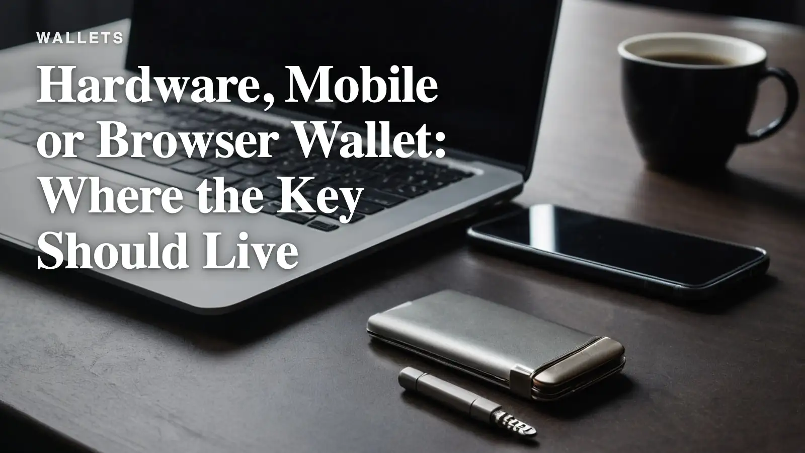 A laptop, a smartphone and a small metal hardware wallet on a dark desk, a coffee cup behind.