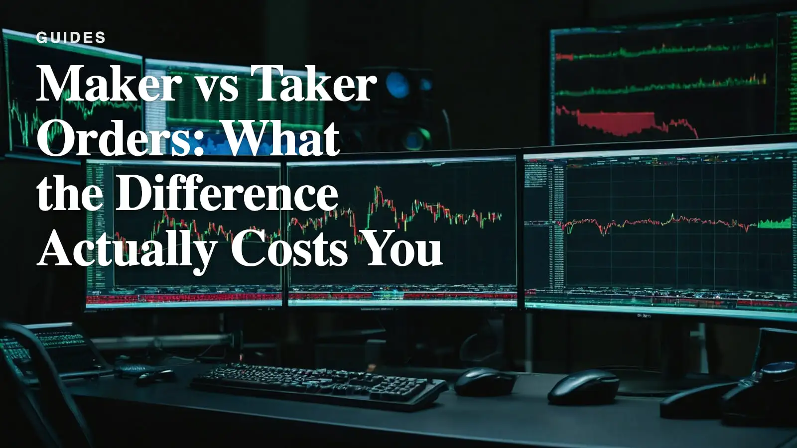 A row of dark trading monitors showing abstract green and red price charts in a dim room.