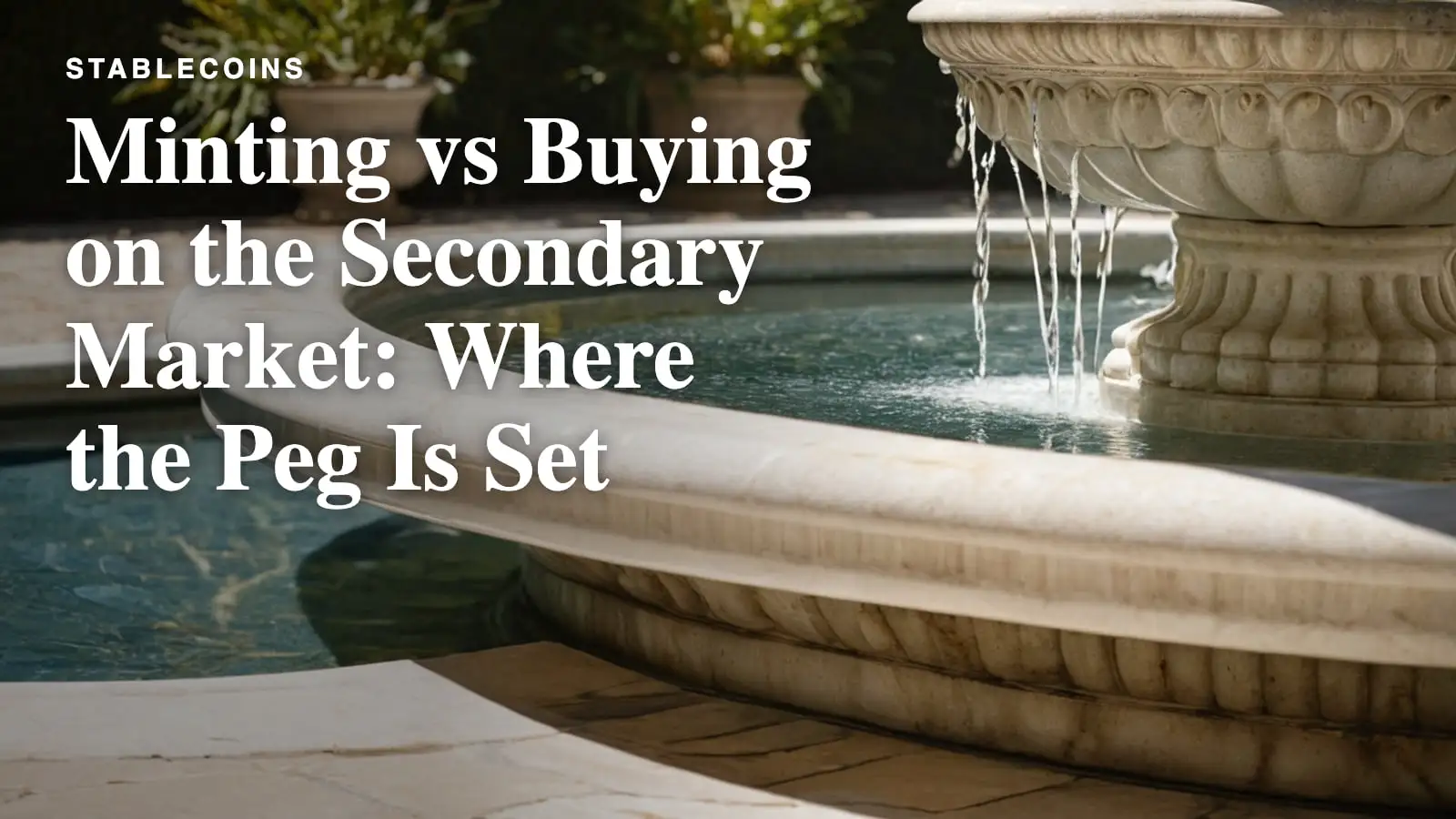 A carved marble fountain with water spilling into a still green basin in soft daylight.