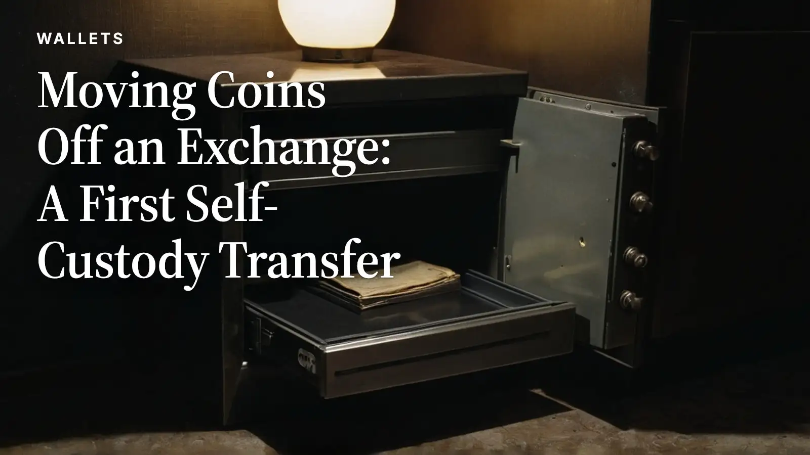 A black steel safe standing open in a dim room, a folded bundle of aged banknotes on its lower shelf and brass door bolts lit by a lamp above.