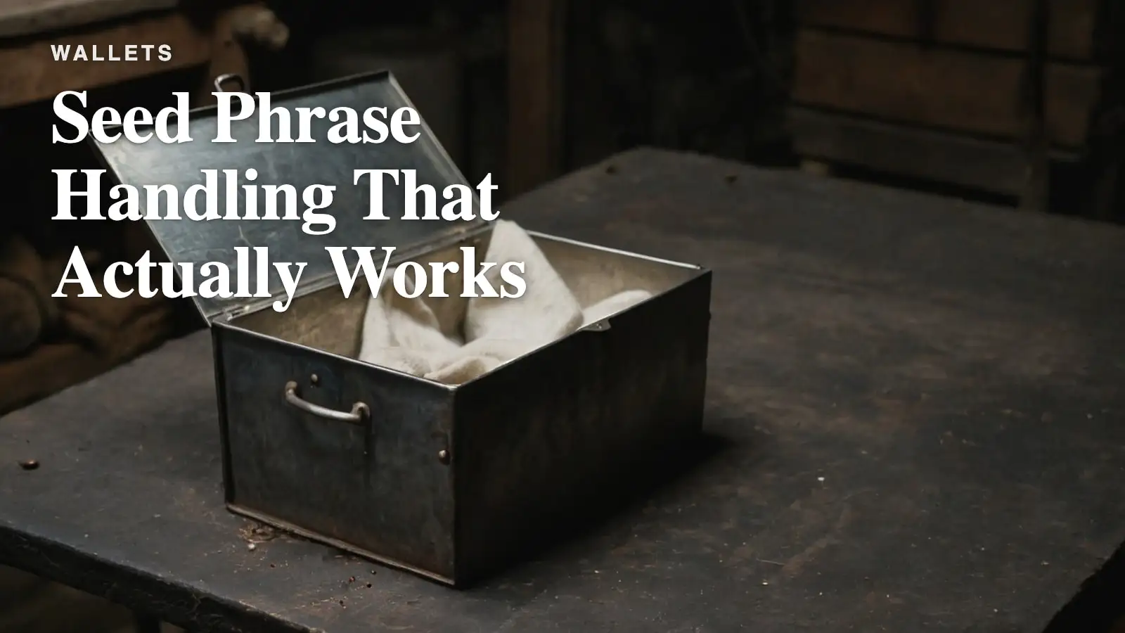 An open fireproof metal box on a dark workbench with a folded cloth inside.