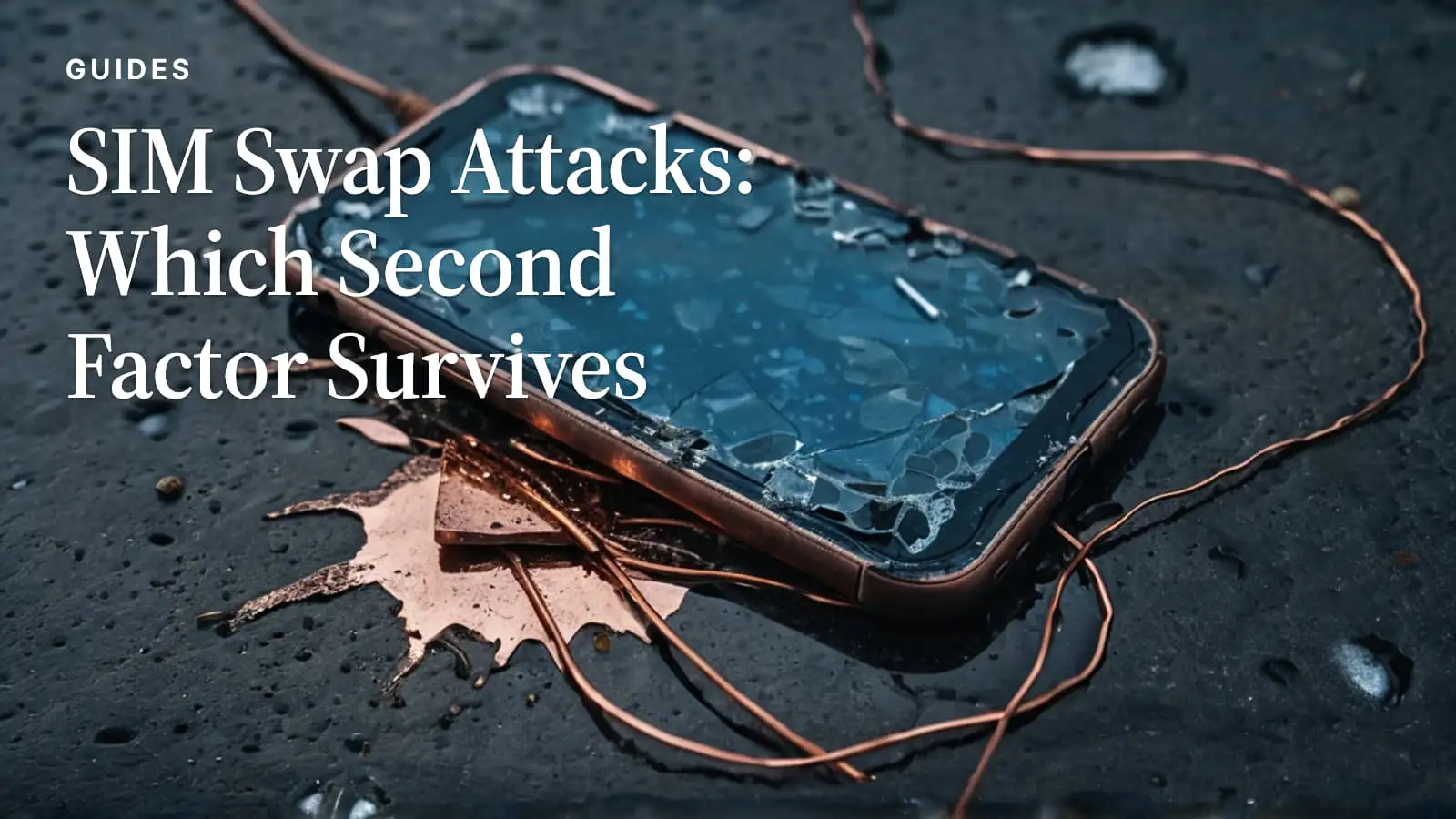 A shattered smartphone lying face up on wet asphalt, its copper wiring and battery plate exposed among the glass.