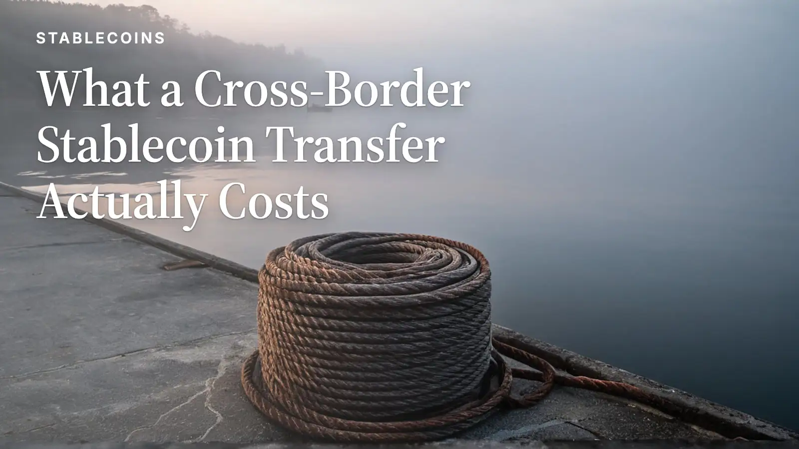 A thick coil of weathered rope on a cracked concrete quay, still water and fog-covered hills beyond it at dawn.