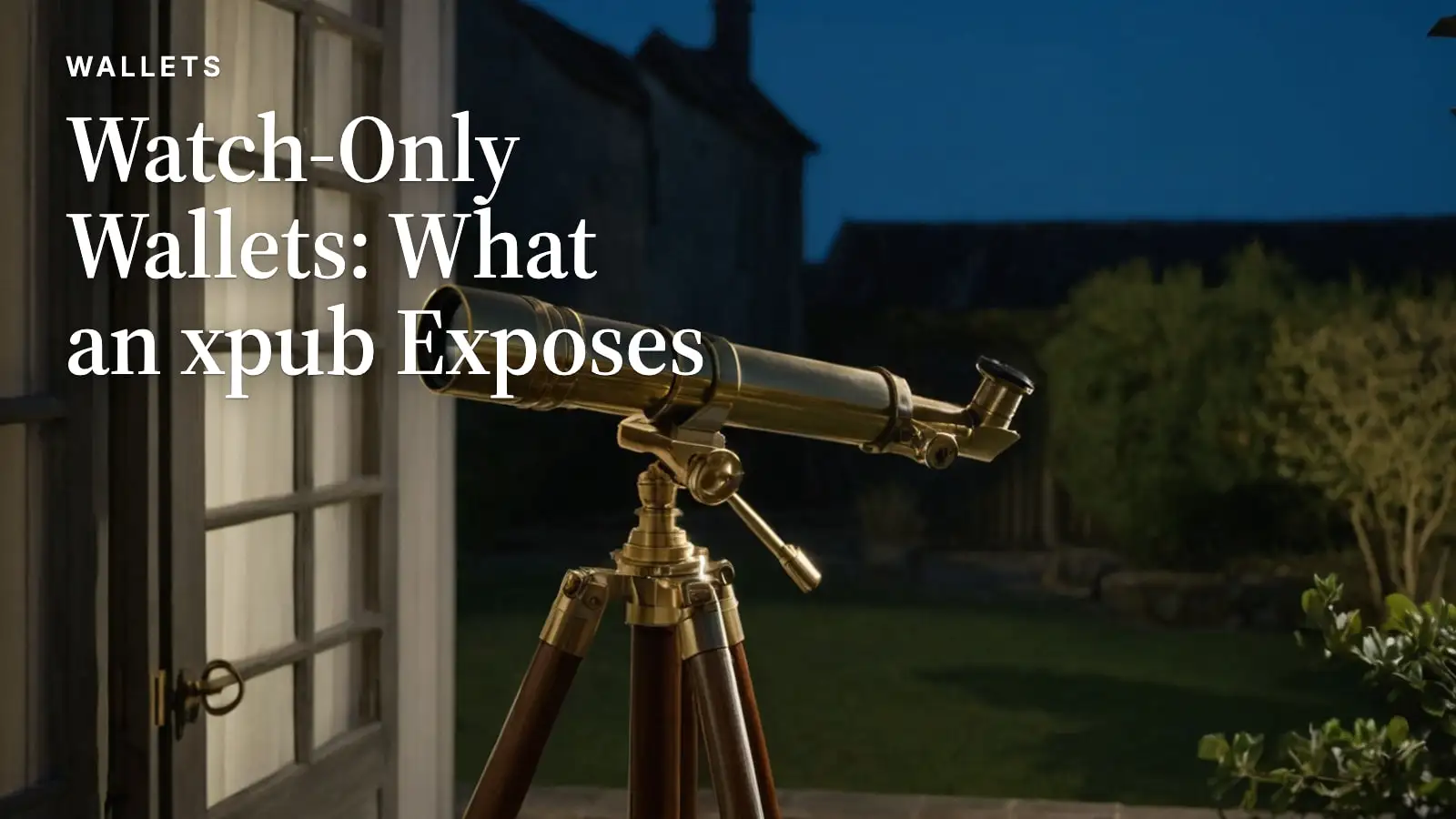 A brass telescope on a wooden tripod aimed through an open window at dusk.