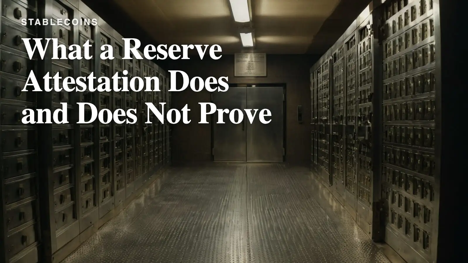 Rows of steel safe deposit boxes receding into shadow inside a bank vault, a vault door at the end.